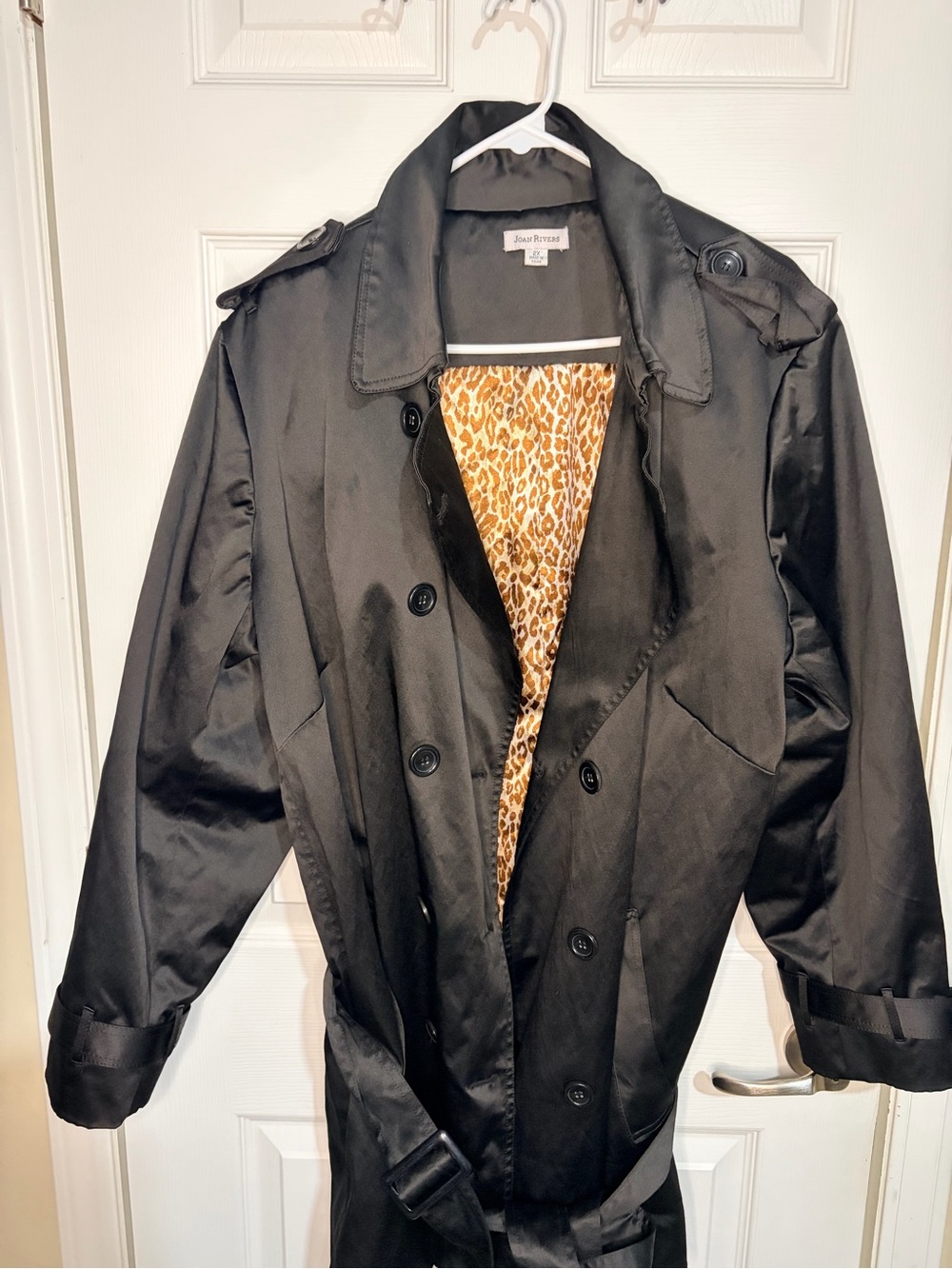 Joan Rivers Black Trench Coat with Leopard-Print Lining